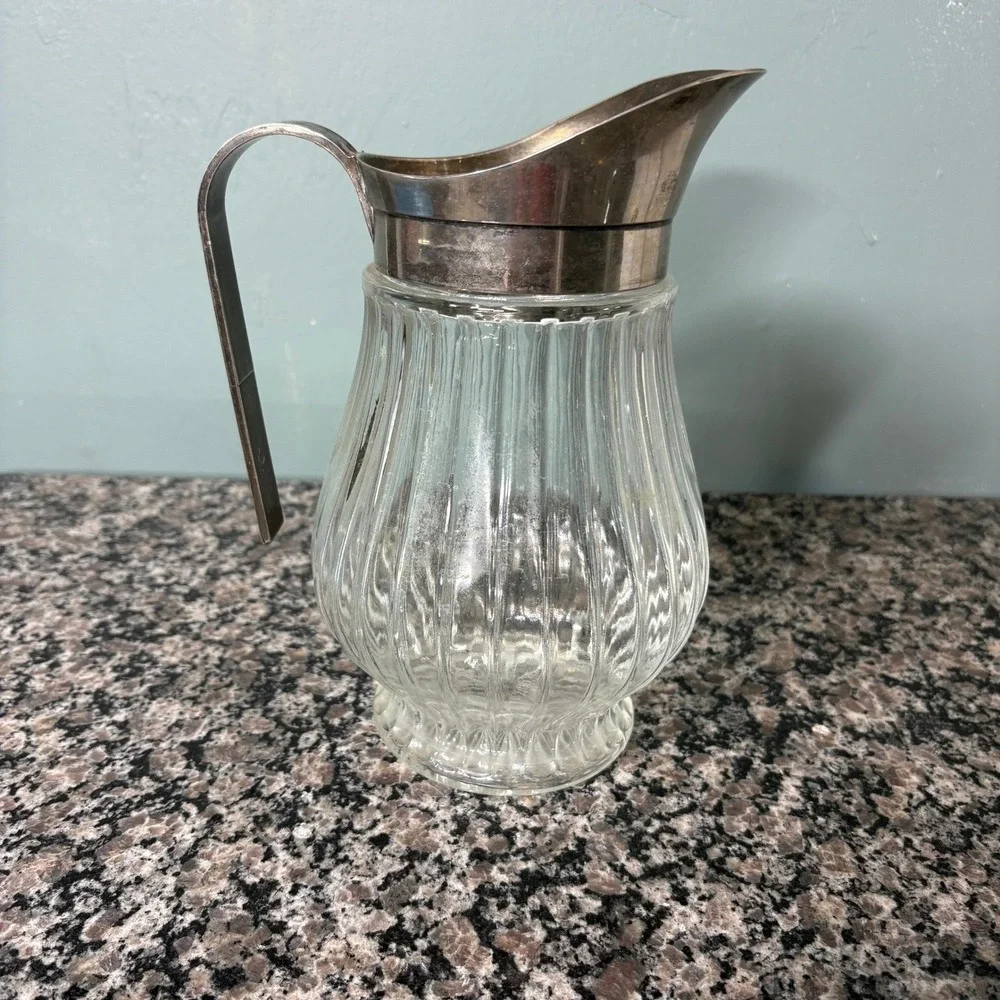 Vintage 1930s Ribbed Glass Pitcher Silver Plated Ice Lip Carafe Made in Italy